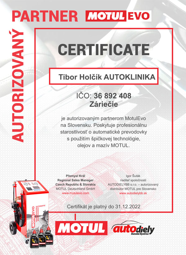 MotulEvo certifikát AUTOKLINIKA