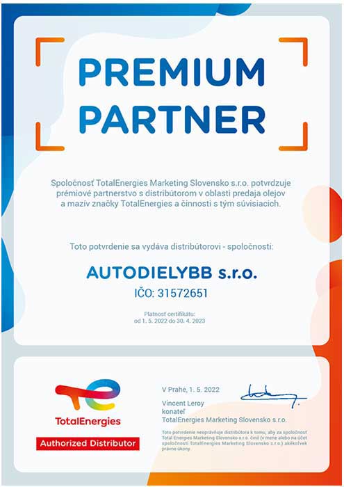 Certifikát TotalEnergies Premium partner